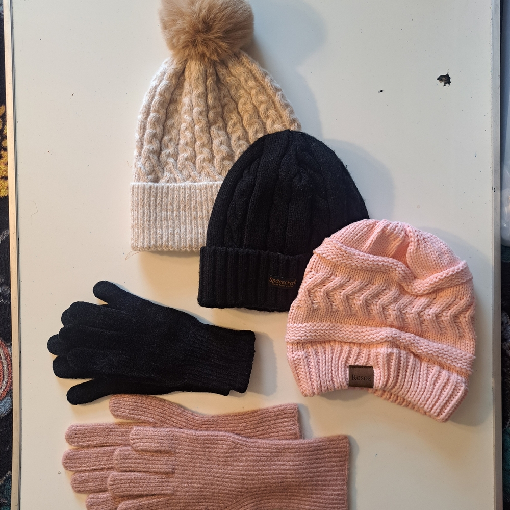 Chilly Accessories Bundle | 3 Knit Beanies & 2 Pairs of Tech/Knit Gloves | Pink,